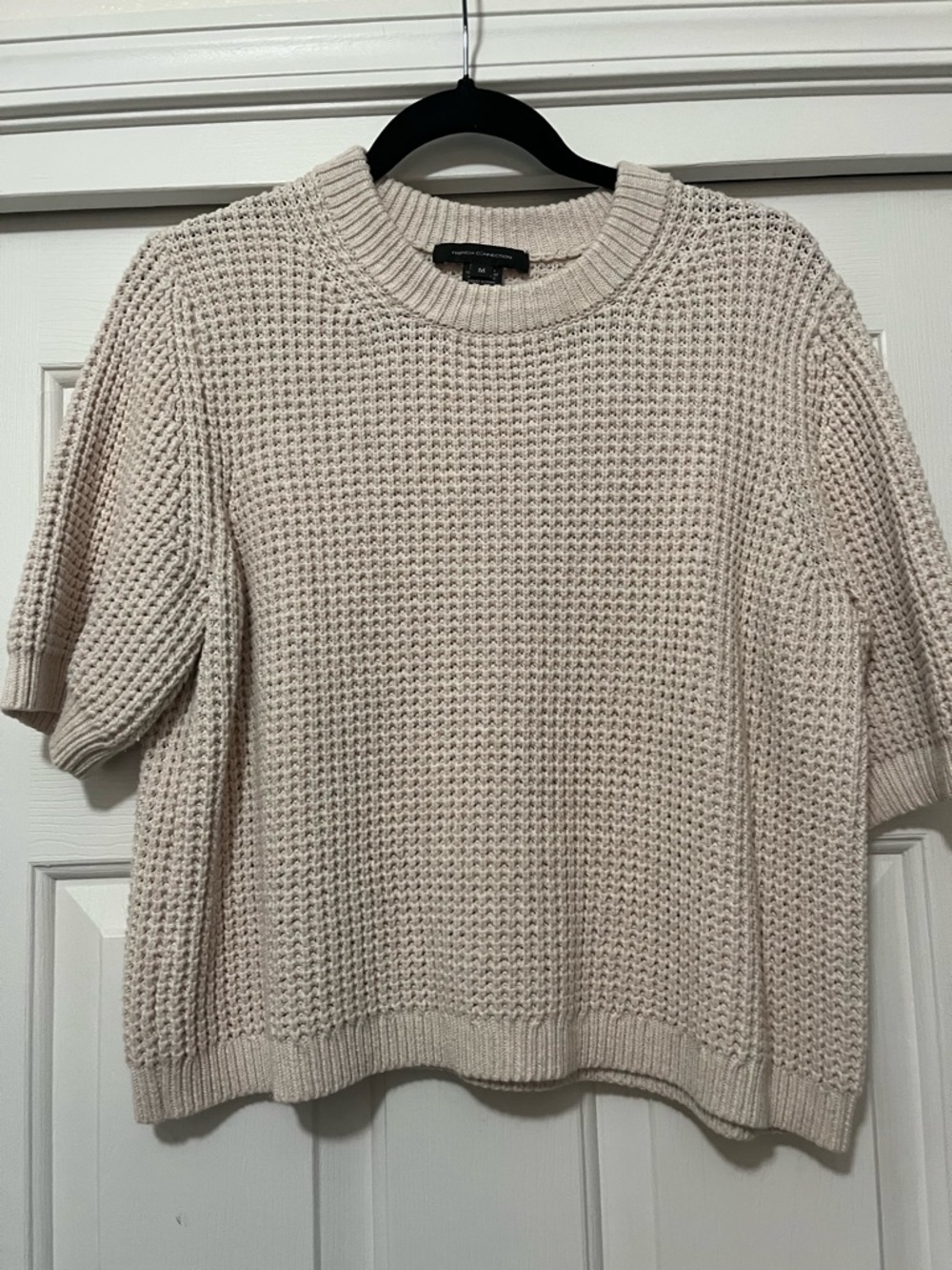 French Connection Cream Waffle-Knit Short Sleeve Crew Sweater